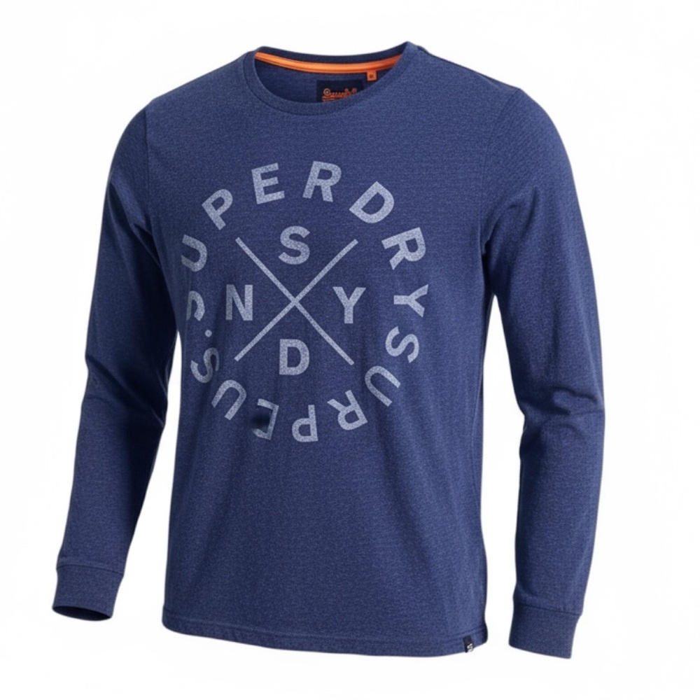 🔵 Superdry Men’s Blue‎ Graphic Long Sleeve Crew Neck Tee Medium